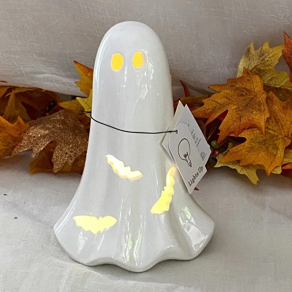 Led Light Up Ceramic Cut out Bats White Ghost Halloween Decor 8